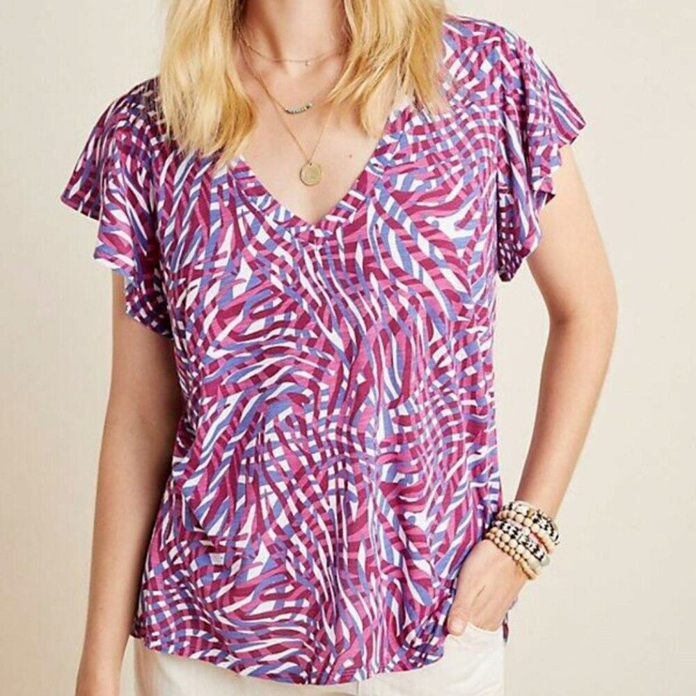 ANTHROPOLOGIE T.La WOMEN'S PURPLE WHITE FLUTTER SLEEVE WAYFARING TEE TOP MEDIUM